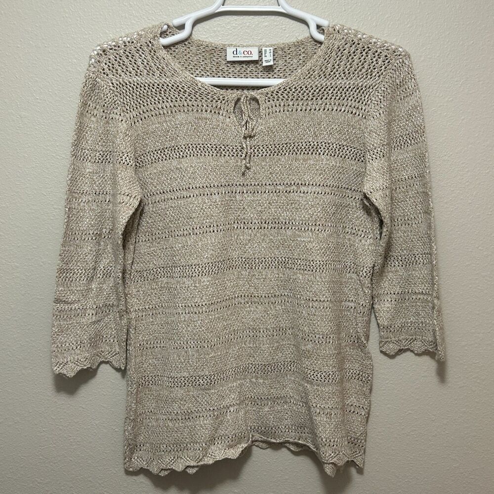 Denim & Co. Women's Crochet Open Knit Sweater Beige Cotton Blend 3/4 Sleeve M